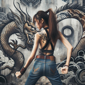 Attractive, Asian teenage girl, long brown hair and bangs, wearing tight skinny jeans and a halter top paint marks on her clothing, backside view heroic pose Asian graffiti