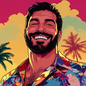 White muscular thin man with beard, big chin, smile and cheekbon...