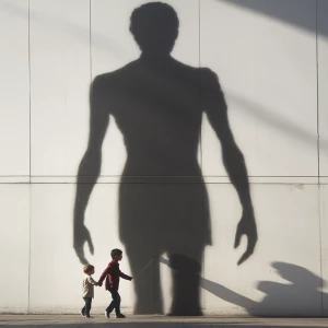 Create a photo of a silhouette of a tall size 3x woman walking h...