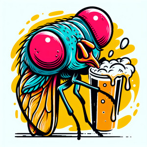 Cartoon fly drinking a beer in a new school tattoo style