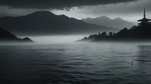 A serene Japanese zen landscape with heavy rain and thunder dist...