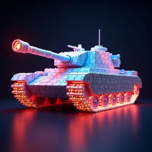 Generate an image of a tank made from different color neon puzzl...