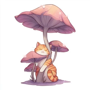 Orange striped cat stretching under pink mushroom, kawaii illust...