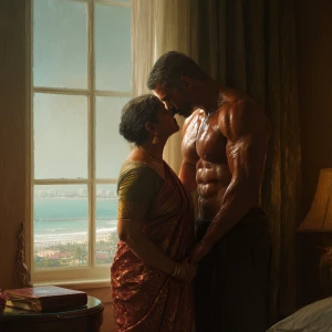 Realism,photo painting.a muscular, sweaty Indian man standing in...