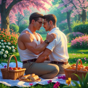 The image is a romantic, hyper realistic of two men engaged in a...