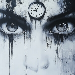 Create an image of a pair of eyes, with clocks inside the pupils...