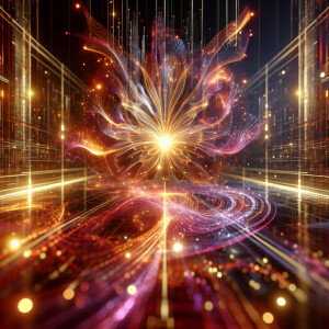 A shimmering holographic solar magic spell, its rays bursting fo...