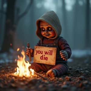 Creepy evil doll with burlap mask that makes her look evil, sitt...