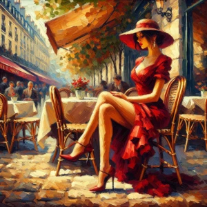 oil painting on canvas of a beautiful woman in a red dress sitti...