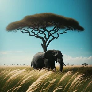 An elephant standing in a grassy savanna under a clear blue sky,...