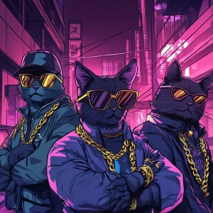A group of cool gangster cats in an urban environment, wearing s...