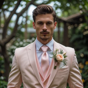 Photography, look to the front, a groom in a pastel pink or ivor...