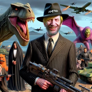 Pixar styled middle aged gaunt man on an island in pinstriped su...