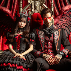 A girl with elegant gothic lolita dress sit beside handsome Lucifer, red background, thrones