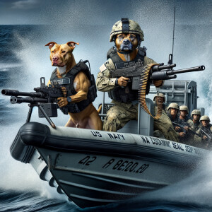 Two pit bulls, the pit bulls are US Navy sailors in battle gear,...