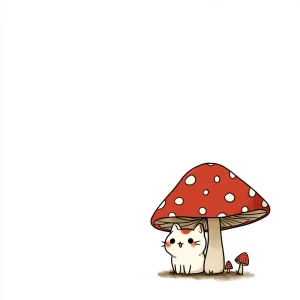 Small cat under mushroom, kawaii style, white background