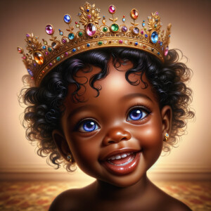 "Create a digital portrait of an adorable african-American baby girl with a joyful expression. She is wearing a gold crown with colorful jewels. Her big, bright blue eyes are wide with wonder, and her tiny mouth is shaped in a happy grin. Her skin has a warm, honey-brown tone, and she has an abundance of thick curly black hair, The background is soft and neutral to keep the focus on her delightful features. The portrait should be vibrant and heartwarming, celebrating the innocence and charm of childhood."