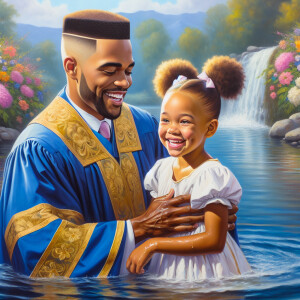 An oil painting of a light-skinned African-American pastor with...