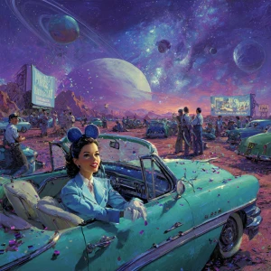 surreal retro-futuristic drive-in theatre on the red deserts of...