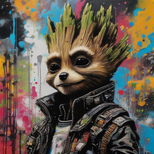 A small groot is standing on the shoulder of a rocket