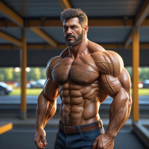 A muscular, hairy man confidently displays his physique at a res...