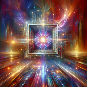 In a technologically hypnotic scene, a glitchy gleaming quantum...