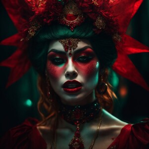 Create an image of a vampiric witch with elongated ruby and emer...