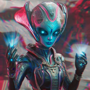 Create a 3D Anaglyph art illustration of a female alien characte...