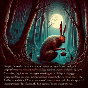 In the heart of a secluded forest, where sunlight barely pierces...