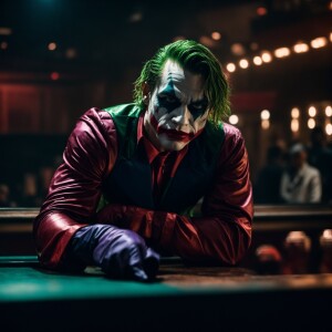 The Joker muscles fully made up on stage very dim lit Harley Qui...