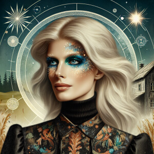 A blonde witch with mid long hair, a black cottage vibe dress an...