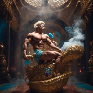 Create an image depicting a muscular, masculine genie with blond...