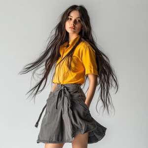 Capture the elegance of a fair-skinned woman with dark long hair...