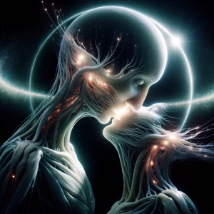 *Orbkiss : *
Cinematic Close-Up — Two spectral figures kiss bene...