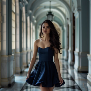 Fair-skinned woman with dark long hair, elegant and composed, wa...