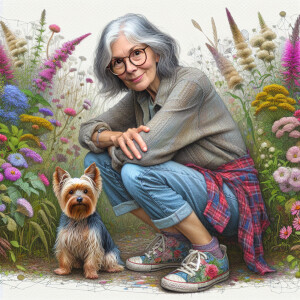 Whimsical grandma grey hair and glasses in jeans and sneakers an...