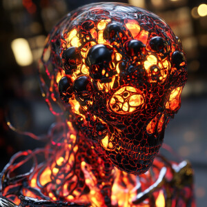 An extraterrestrial being with a crimson, golden, and obsidian-c...