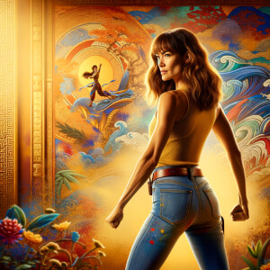 Athletic Thin skinny Attractive, Asian teenage girl, long brown hair and bangs, wearing tight skinny jeans and a halter top paint marks on her clothing, heroic pose Asian graffiti background, backside view