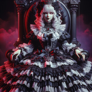 A woman named lilith wearing elegant gothic lolita dress  sitting on the thrones, red purple aura, smirk evil, 3D, humanlike