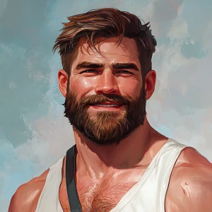 White muscular thin man with beard, big chin, smile and cheekbon...
