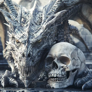 dragon beside skull faced entity, both facing toward the viewer...