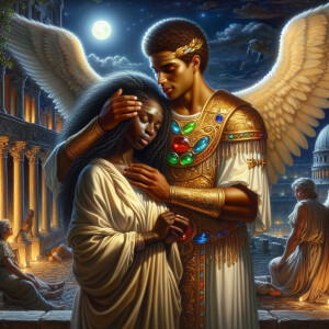 Create an oil painting image featuring a male angel and a grievi...