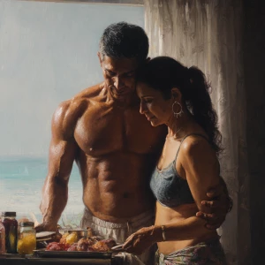 Hyperrealism.a muscular sweaty indian man standing behind and...
