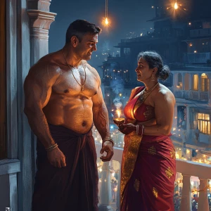 realism art style,a muscular beefy sweaty man celebrating diwali...