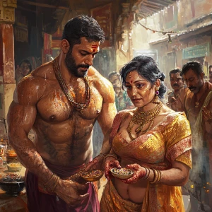 Digital art HD 1:1,A muscular, sweaty man celebrates Diwali with...