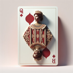 A playing card with a real looking queen protruding from the car...