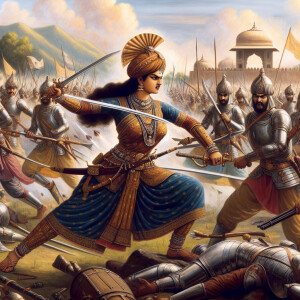 Show the great Rajput warrior, Rani Durgavati in battle with the...