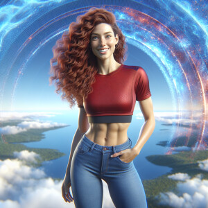 Create a 3D motion graphic of a toned woman with long, curly red...
