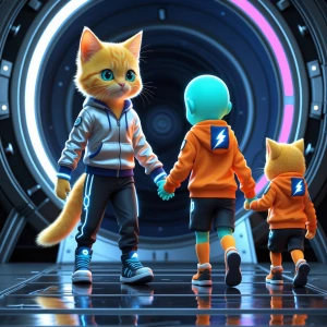 🚀 Scene 6: Chick Taken to Ship.
Kitten with soft golden-yellow...