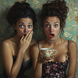 Generate a realistic image of two women engaged in a whispered c...